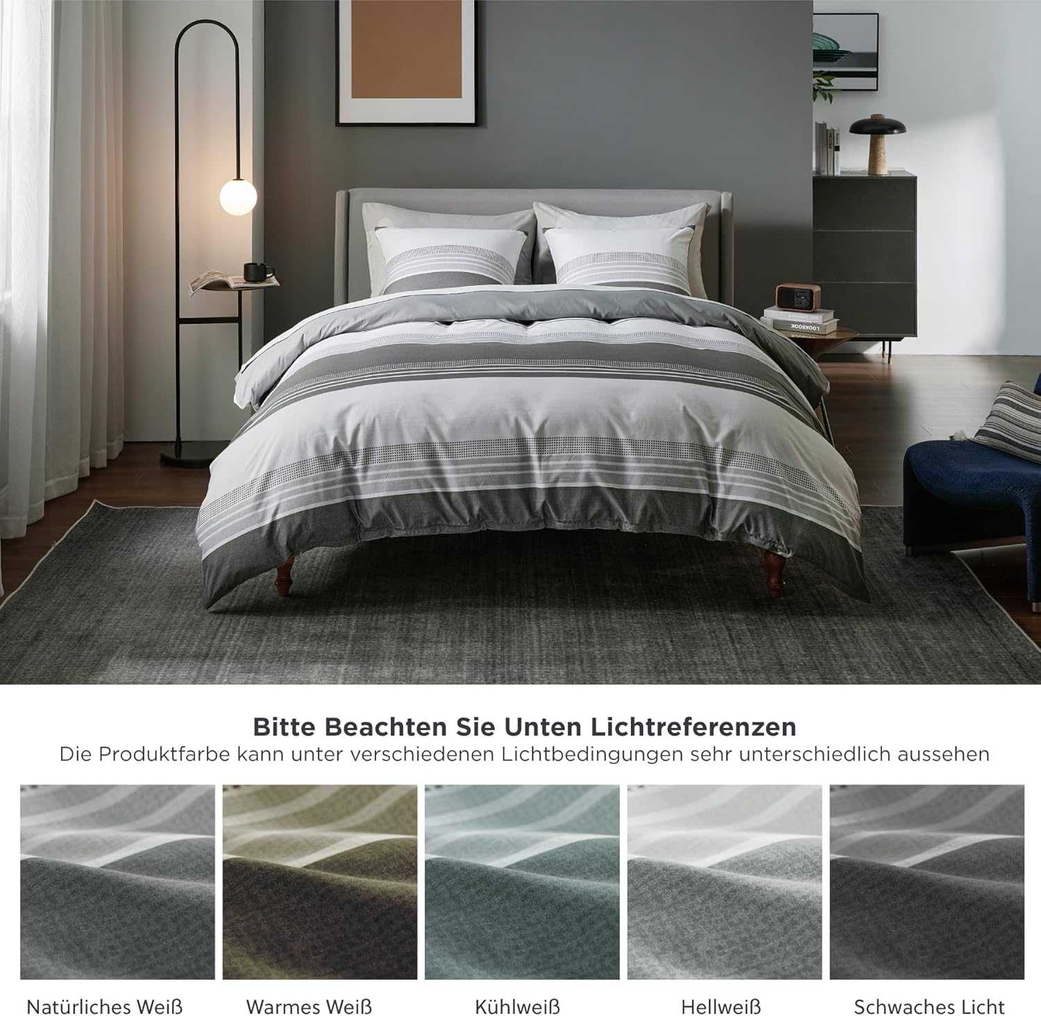 Thumbnail 5 de BEDSURE Wendebettwäsche 200x200 3-teilig (Streifen, grau) mit Reißverschluss