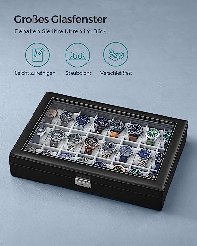 Detalle de SONGMICS JWB024 Uhrenbox: 24 Fächer, Glasdeckel, PU-Schwarz, Samtfutter-Grau