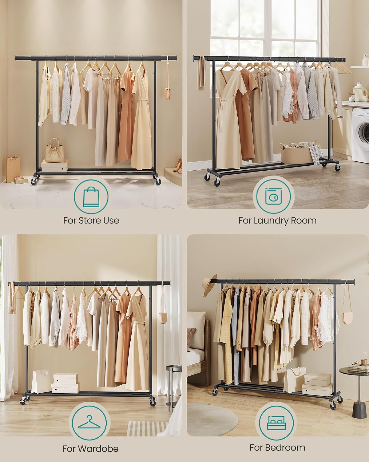 Detalle de SONGMICS Clothes Rack on Wheels, Heavy Duty Rail with Extendable Hanging Rail, 150 kg Load Capacity – HSR175B01