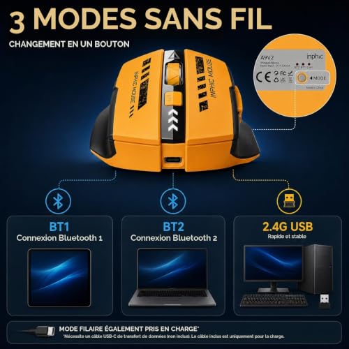 Thumbnail 2 de inphic A9 souris gamer rechargeable, trois modes, 12 800 DPI, RVB, jaune