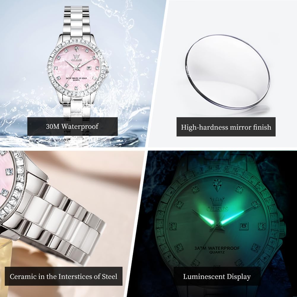 Thumbnail 5 de OLEVS Damen-Diamantuhr: Roségold, Keramikglas, Diamant-Lünette – elegante Quartz-Damenuhr