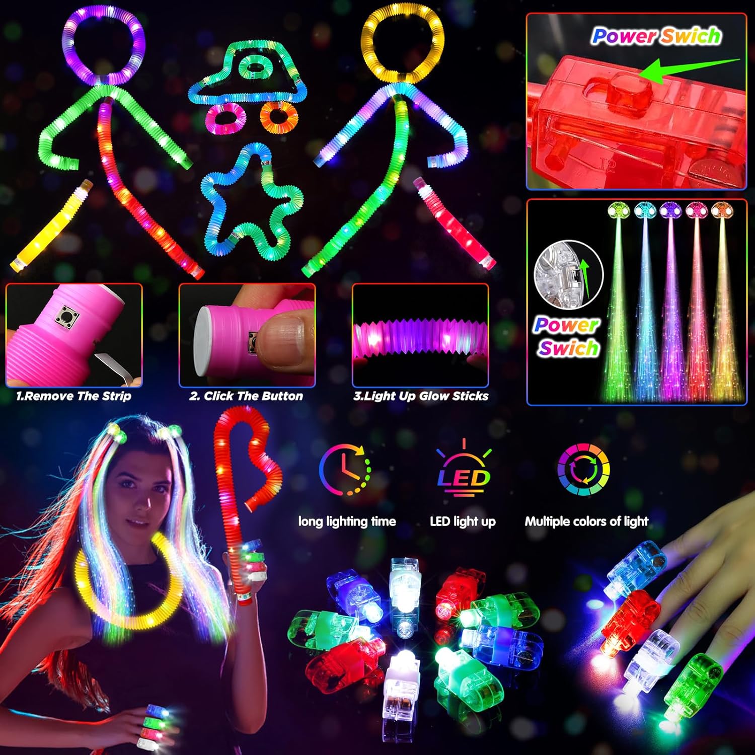 Detalle de SHQDD Glow-in-the-Dark Party Favors Bundle (LED & Glow Sticks), 27 Carnival Accessories + 100 Glow Sticks