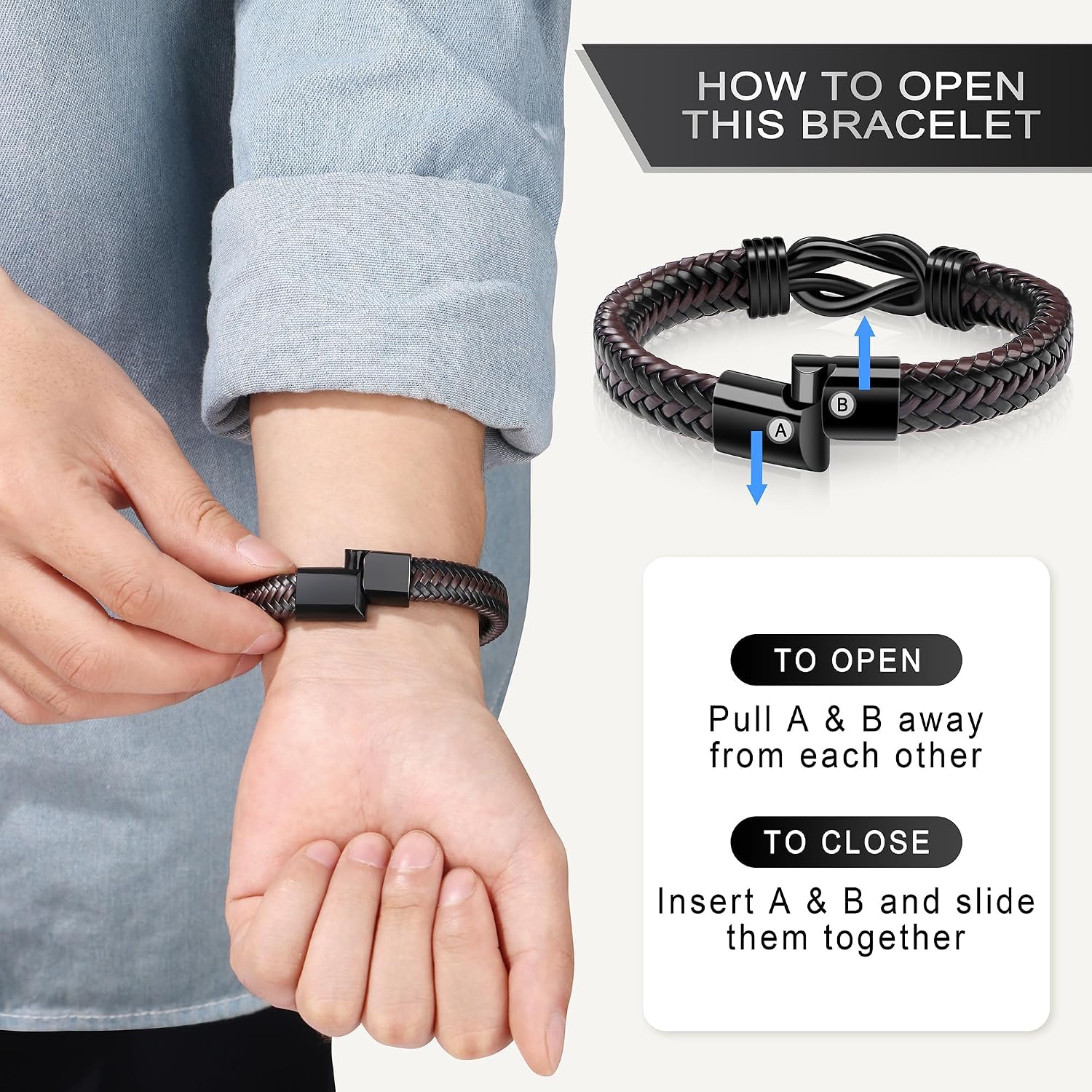 Detalle de HAYOUWAY Lederarmband für Herren „Ich Liebe…“ mit Gravur – geflochtenes Infinity-Design als Geschenk