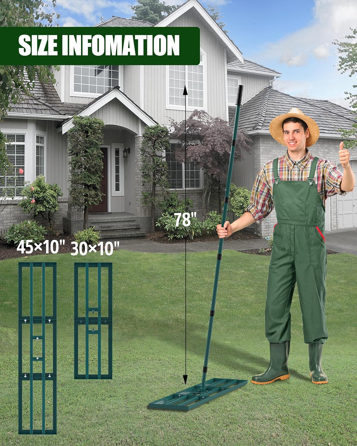 Detalle de Signstek Lawn Leveling Rake: Stainless Steel Ground Plate with long-adjustable handle for level lawns