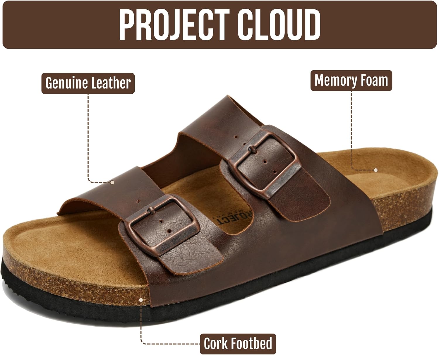 Detalle de Project Cloud Heritage Men's Sandals: 100% Genuine Leather, Memory Foam Insole