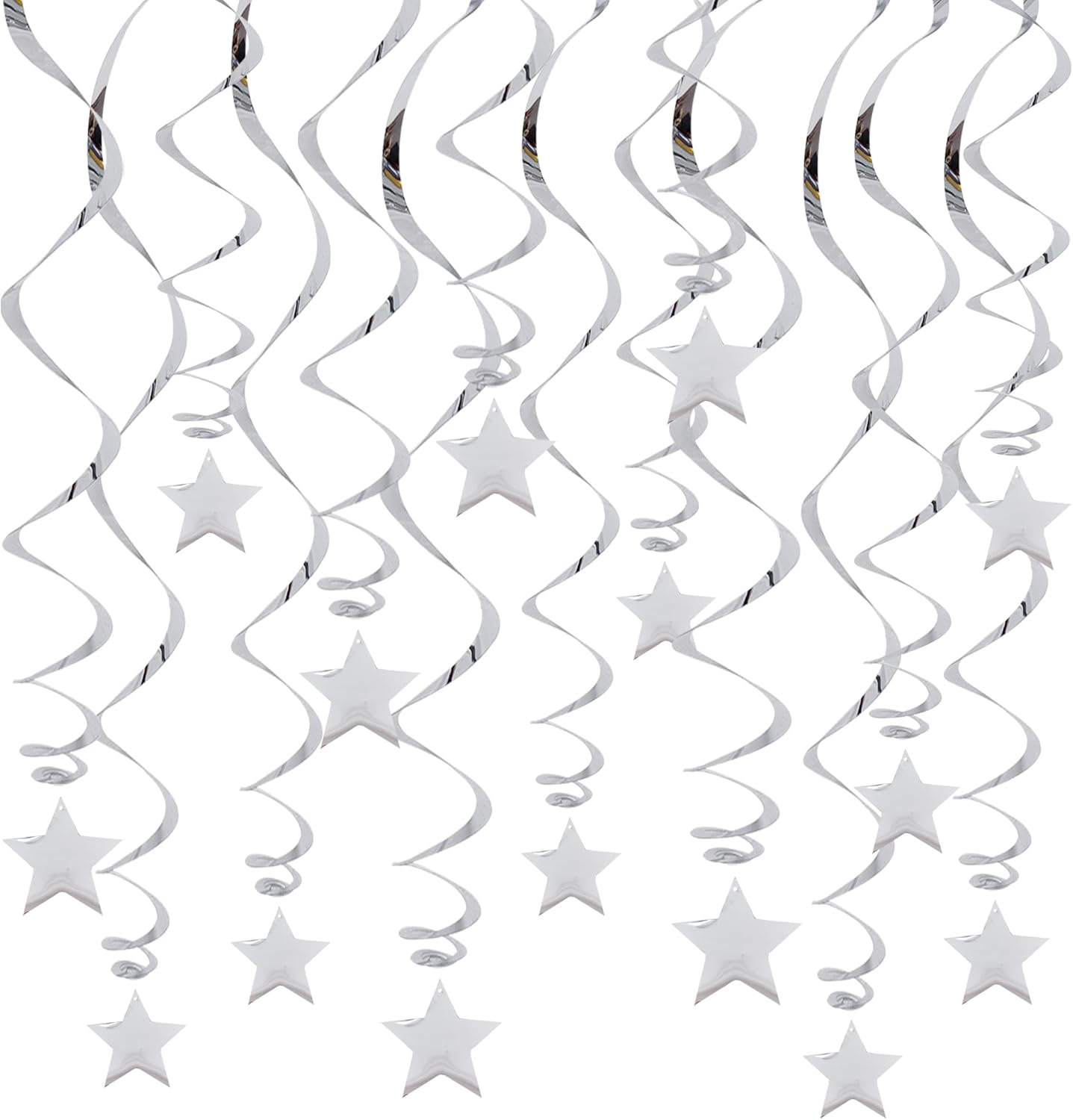 BEISHIDA Silver Star Hanging Swirl Decorations (Pack of 15) for Graduation, Wedding, and Baby Shower