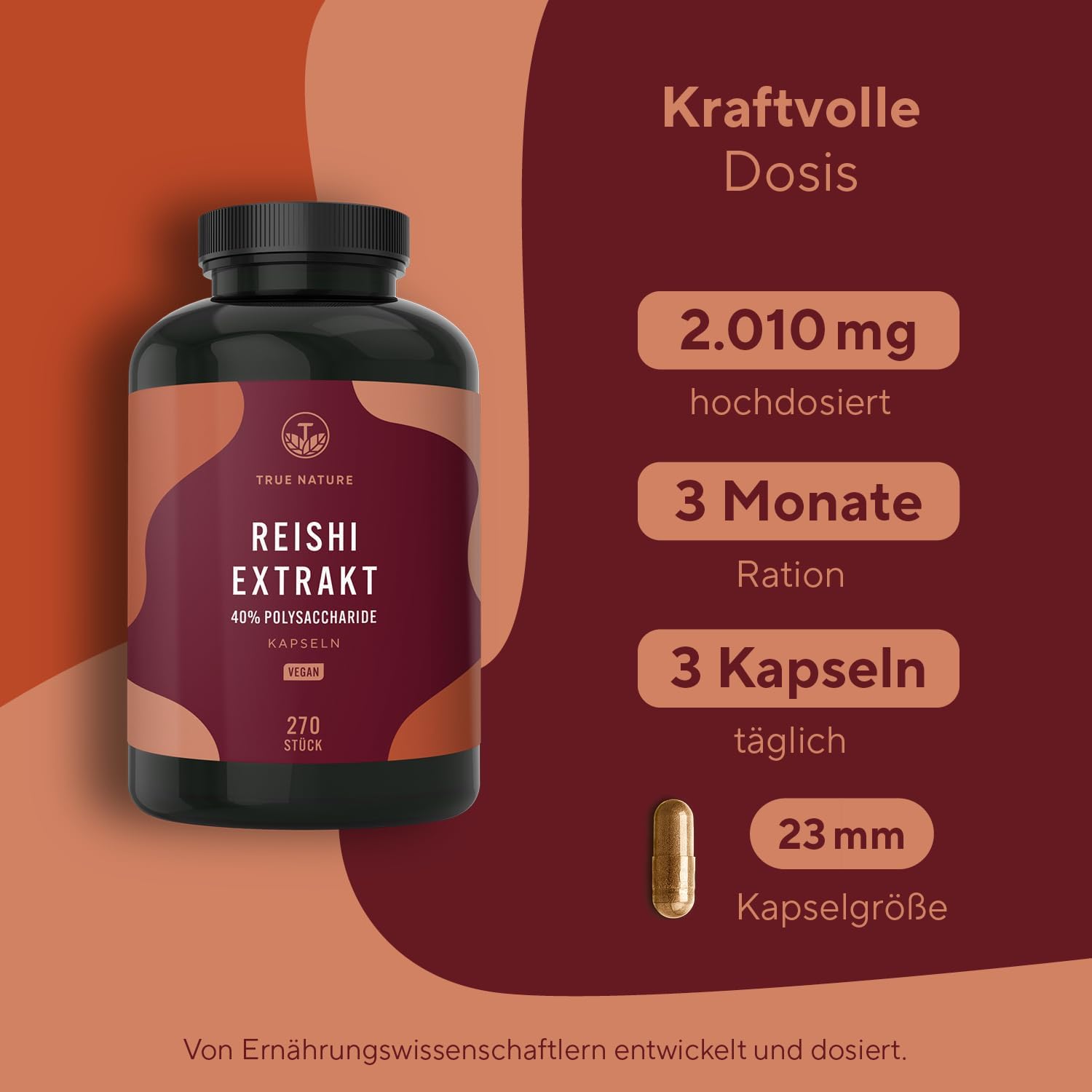 Detalle de Reishi Pilz-Extrakt – 270 Kapseln (670 mg) hochdosiert, vegan, deutsche Produktion | TRUE NATURE®