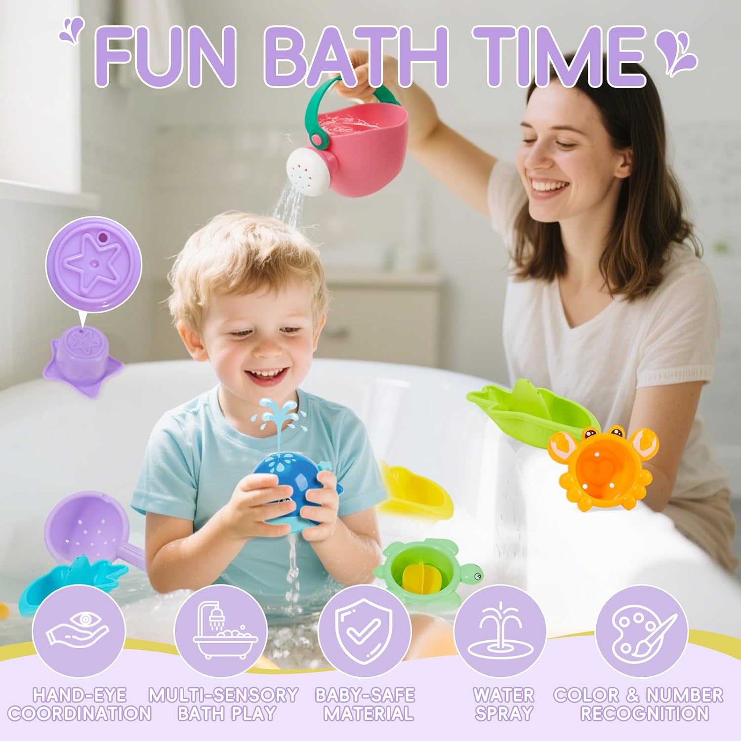 Detalle 2 de Mold Free Bath Toys, 11PCS: Safe, Easy-Clean Floating Boats, Whale, and More for Babies 12+ Months