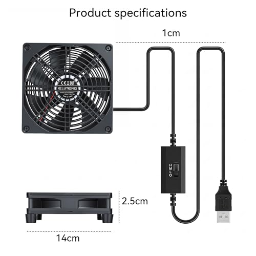 Thumbnail 2 de ELUTENG USB PC Cooling Fan 14cm: 3-Speed Hydraulics, Quiet 5V USB Cooler