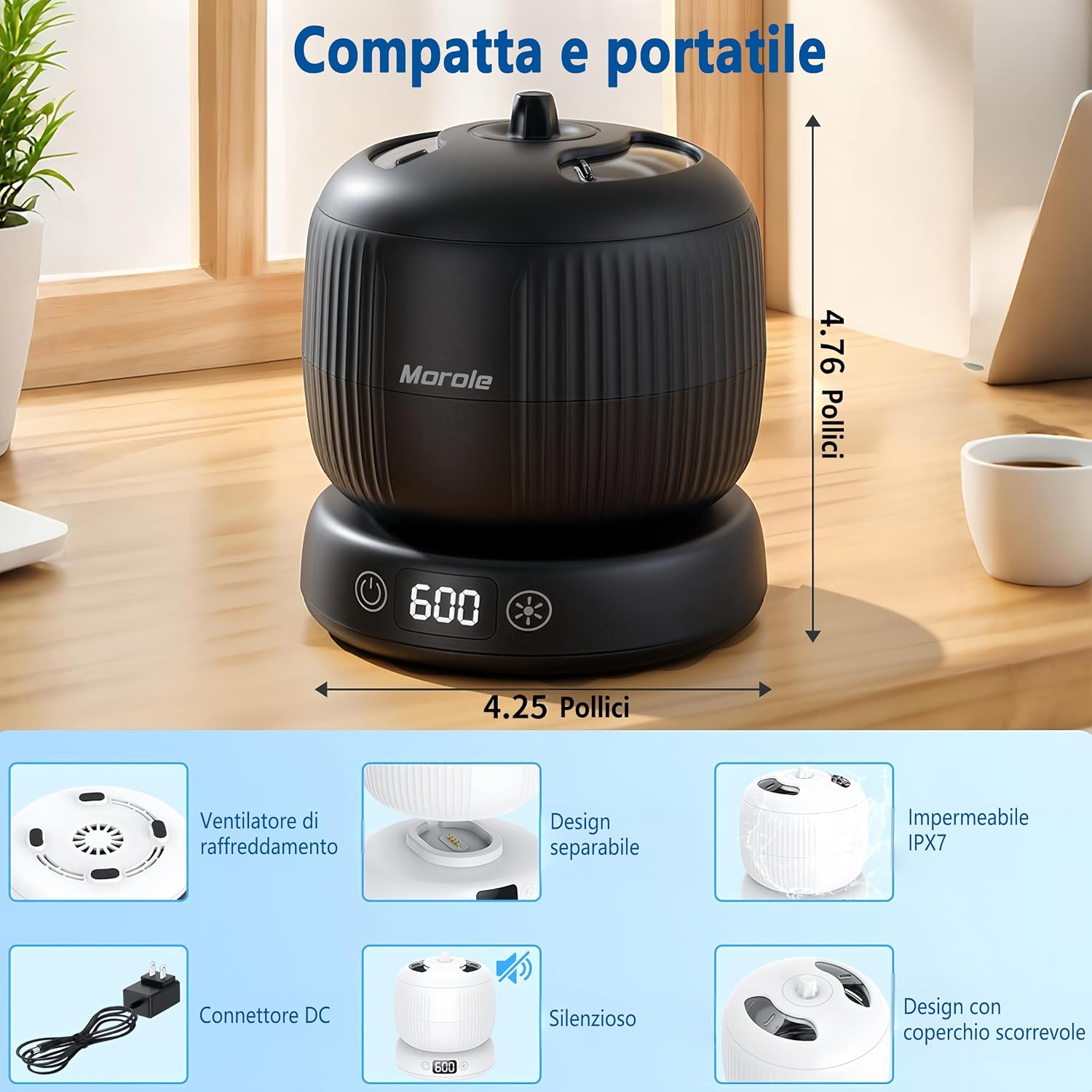 Detalle 2 de Morole Pulitore Ultrasuoni con Lampada UV – 45000 Hz, 200 ml, Portatile