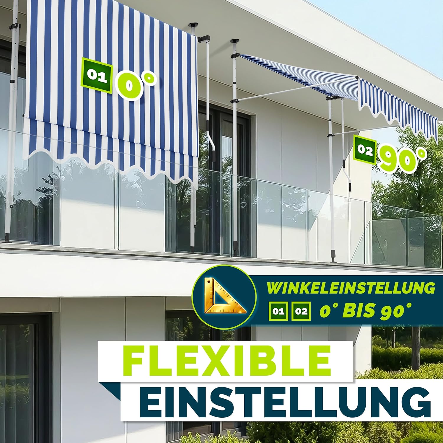 Thumbnail 1 de tillvex Klemmmarkise mit Handkurbel für Balkon, Terrasse & Garten (ohne Bohren) – Blau-Weiß, 250 cm