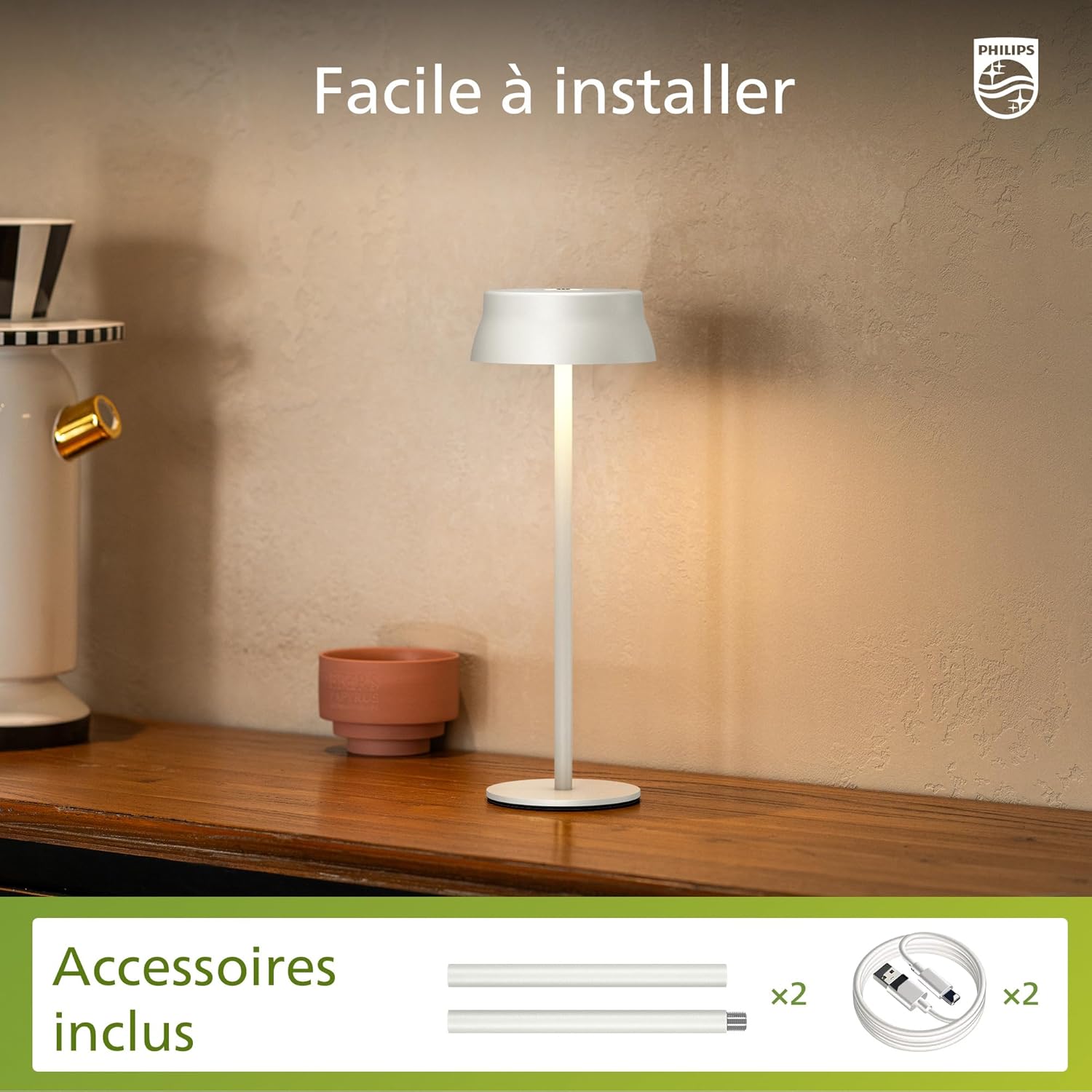 Thumbnail 5 de Philips Lampe de table LED sans fil portable étanche à batterie rechargeable – 2 hauteurs, contrôle tactile et 3 couleurs