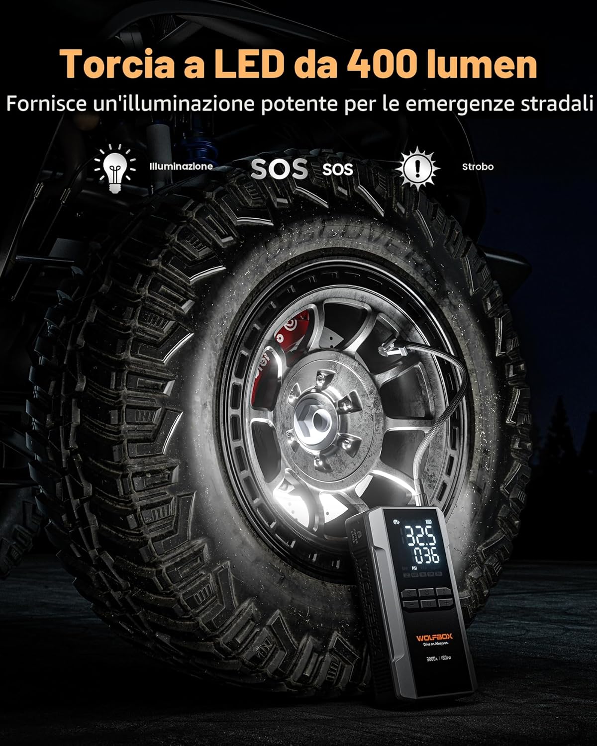 Detalle de WOLFBOX avviatore di emergenza 3000A con compressore d’aria e ricarica rapida 65W (pacchetto 12V)