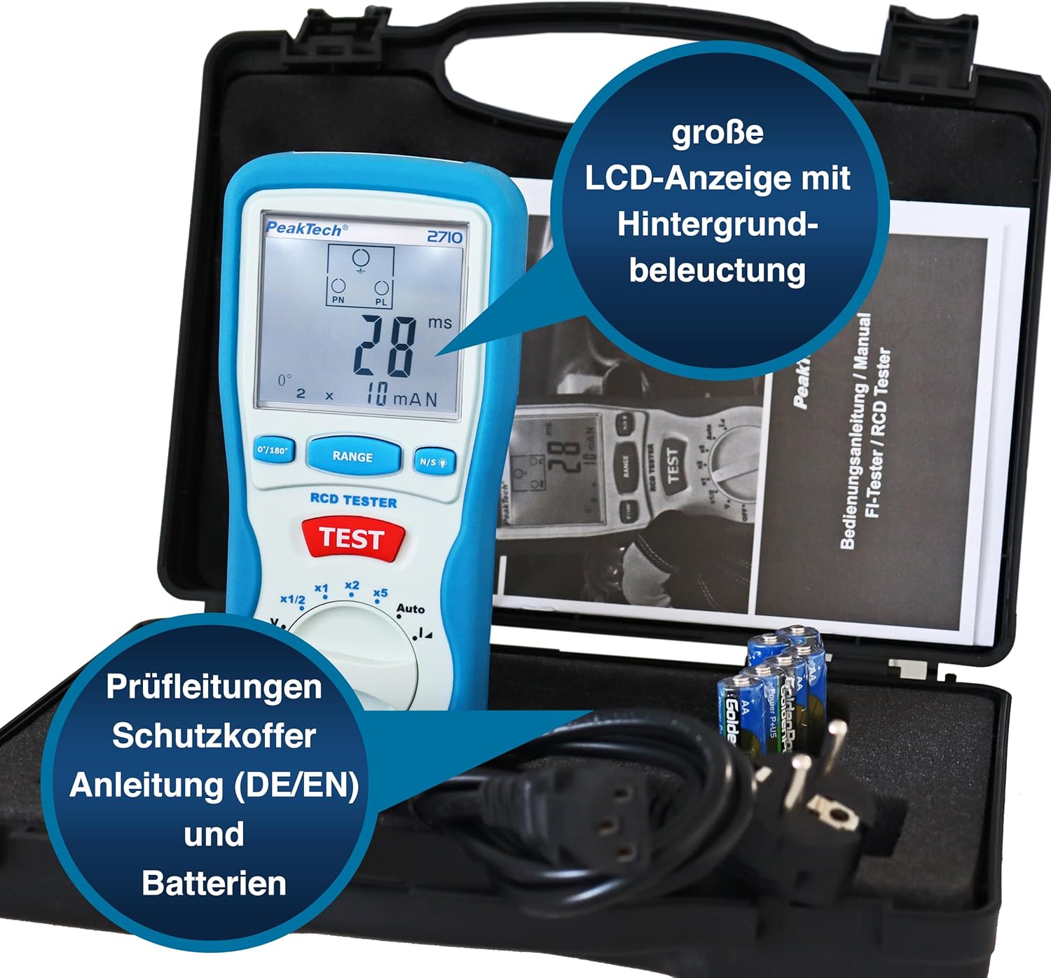 Detalle de PeakTech P 2710 – Digitaler FI Tester für Auslösecharakteristik 230V/50Hz mit LCD-Display, CAT III 600V