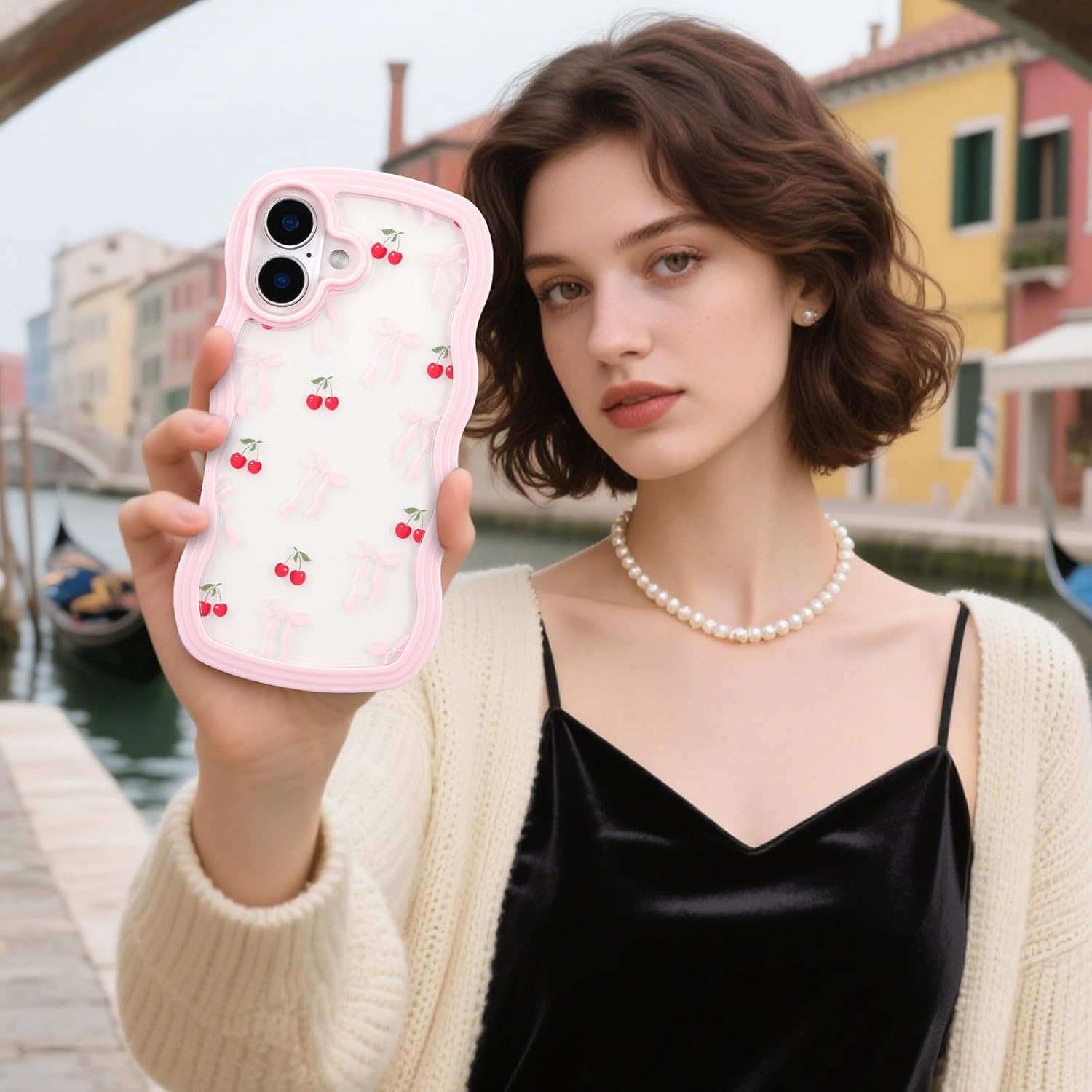 Detalle de ZTOFERA Hülle für iPhone 16 Plus (6,7 Zoll) – Klar mit Kirsch‑Schleife, Harte PC‑Rahmen + Pink