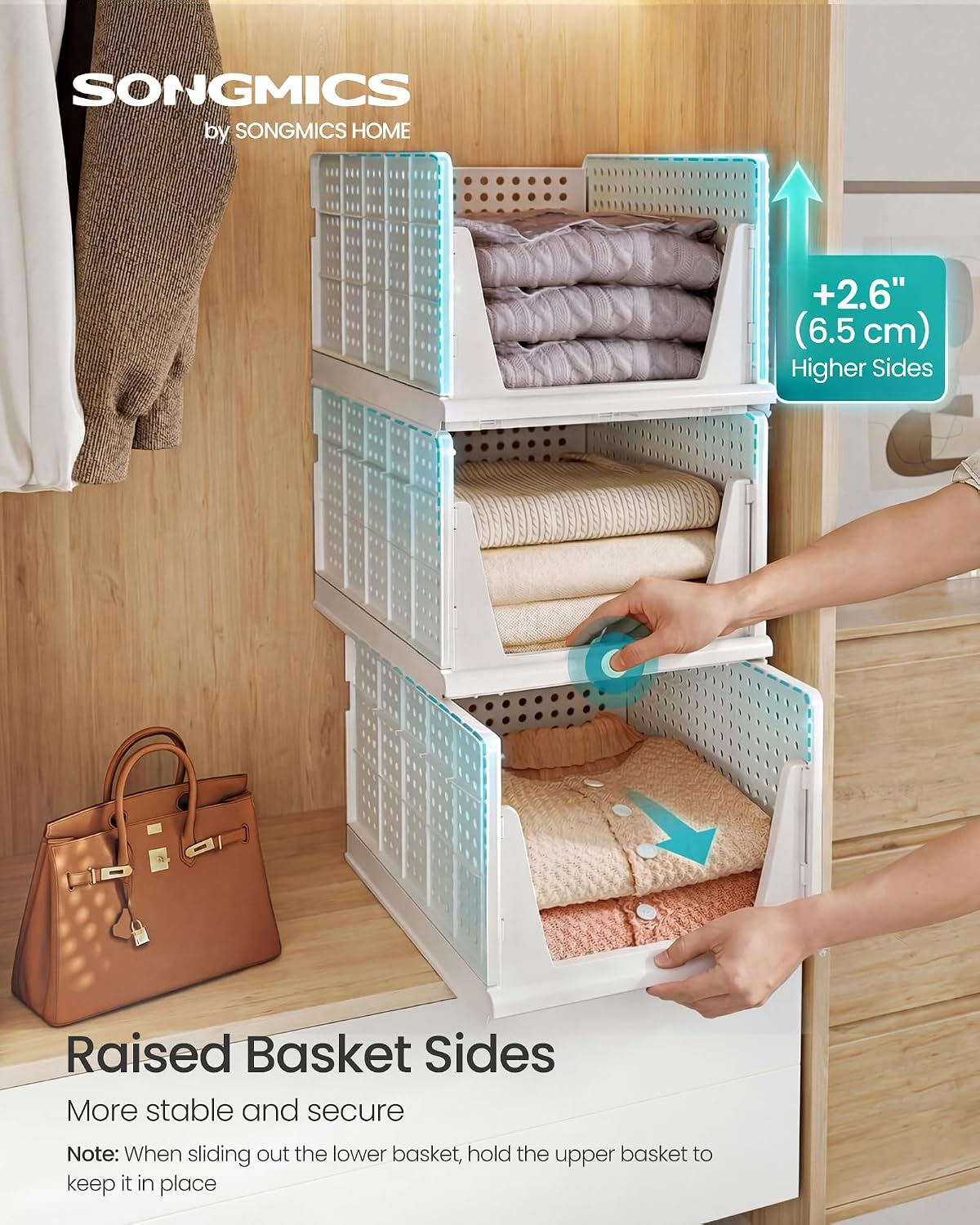 Thumbnail 2 de SONGMICS Stackable Wardrobe Storage, Foldable Closet Organiser – Set of 3 Pull-Out Baskets (White LPC310WZ01)