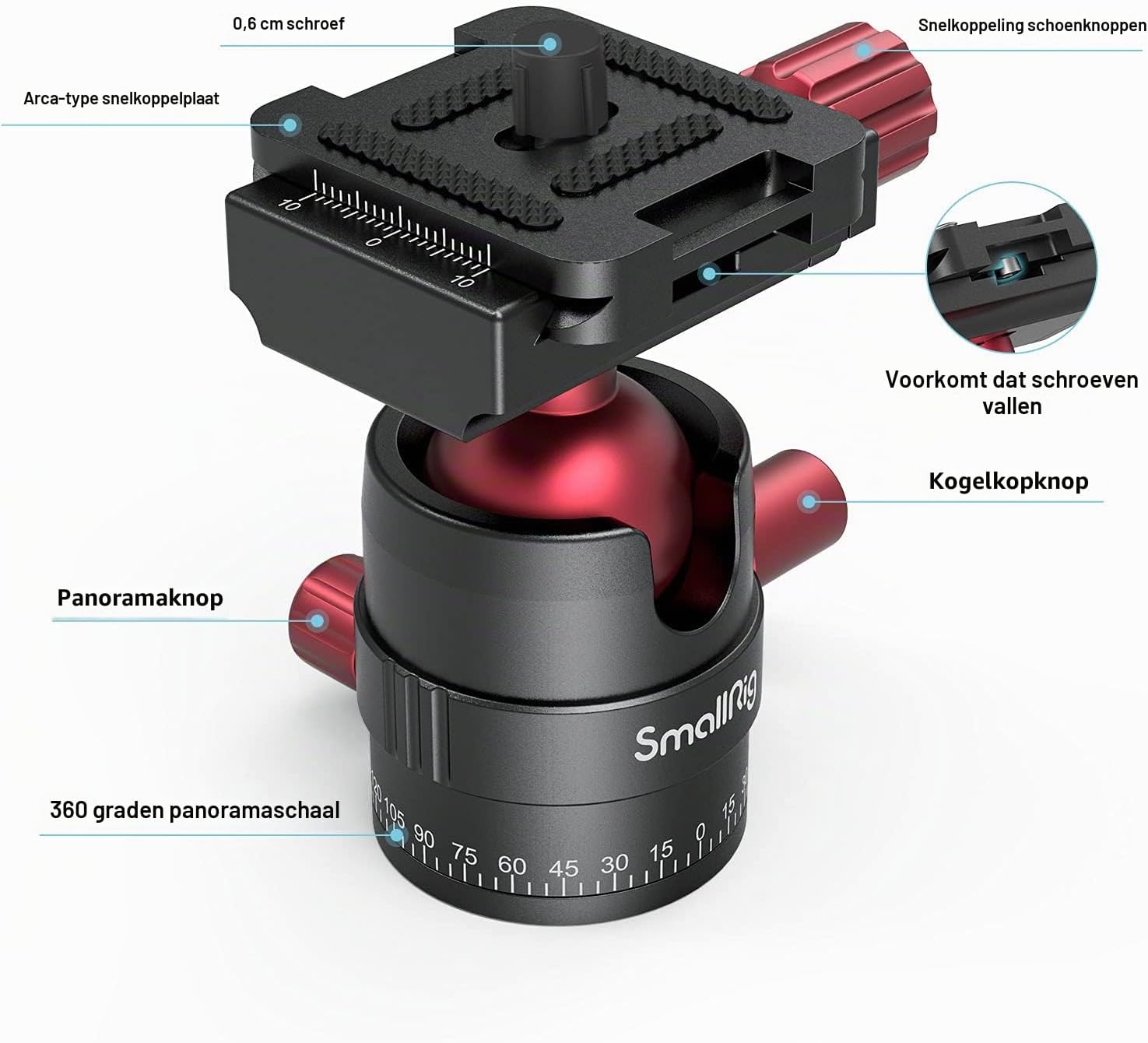 Detalle de SMALLRIG 3034 mini-balhoofd van aluminium met 360°-rotatie en 1/4-inch aansluiting