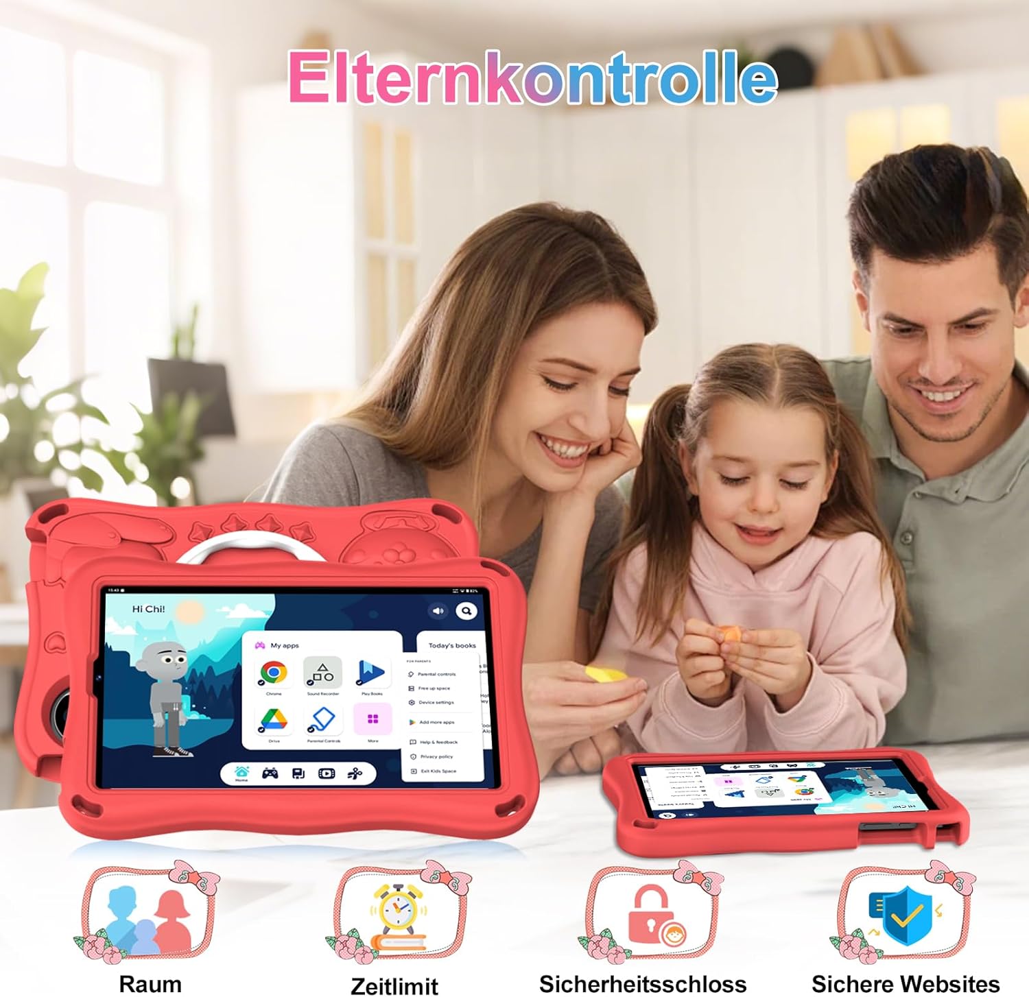 Detalle de SUAAT Kinder Tablet 9 Zoll – Android 15, Octa-Core, 12/30GB Speicher, TF bis 2TB, 5G WLAN, Face ID, Kindersicherung, EVA Case Rot