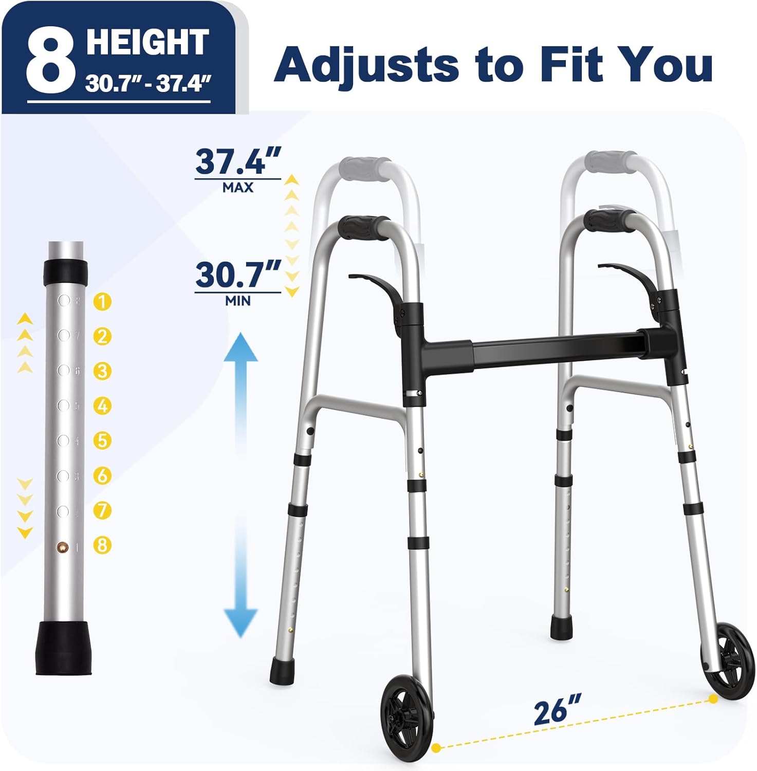 Detalle de HolyHeal Folding Walker for Seniors with 2 Skis and 5" Wheels