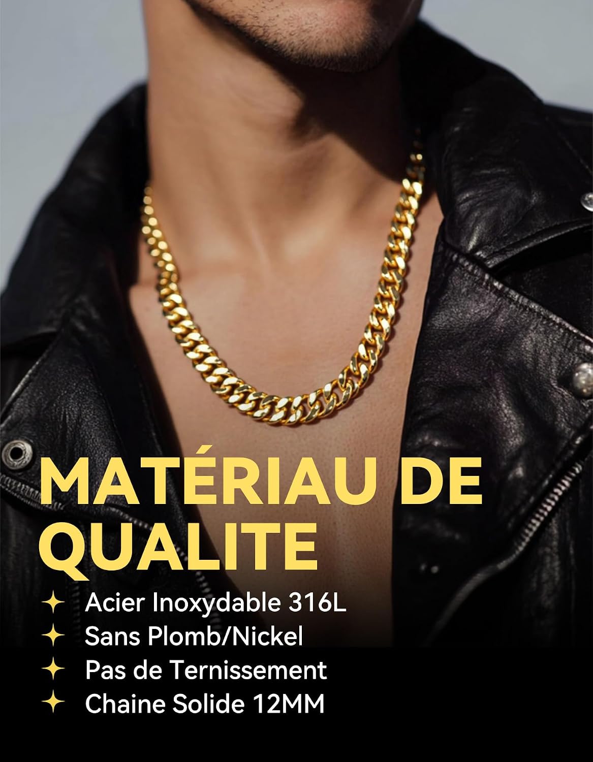 Thumbnail 1 de ChainsHouse Collier homme en acier inox 316L maille cubaine, choker ras de cou argent/or/noir