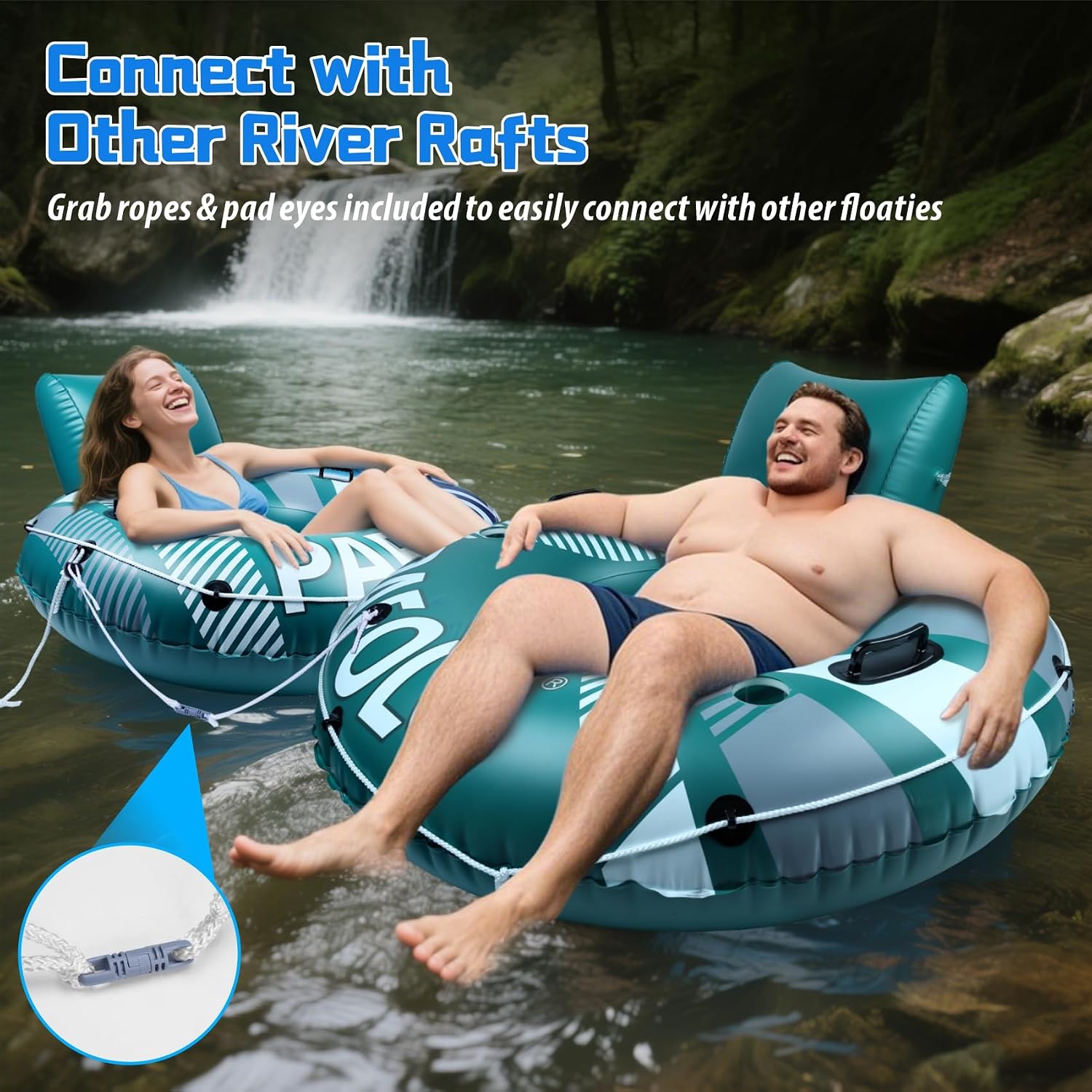 Detalle de PAFOLO 53" Heavy Duty River Tube for Adults with Mesh Seat, Headrest, Grab Rope and Cup Holders