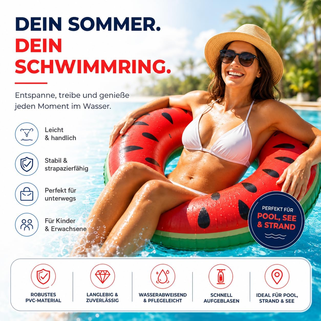 Detalle de Aufblasbarer Schwimmring im Melonen-Design, Ø 120 cm – für Erwachsene & Kinder