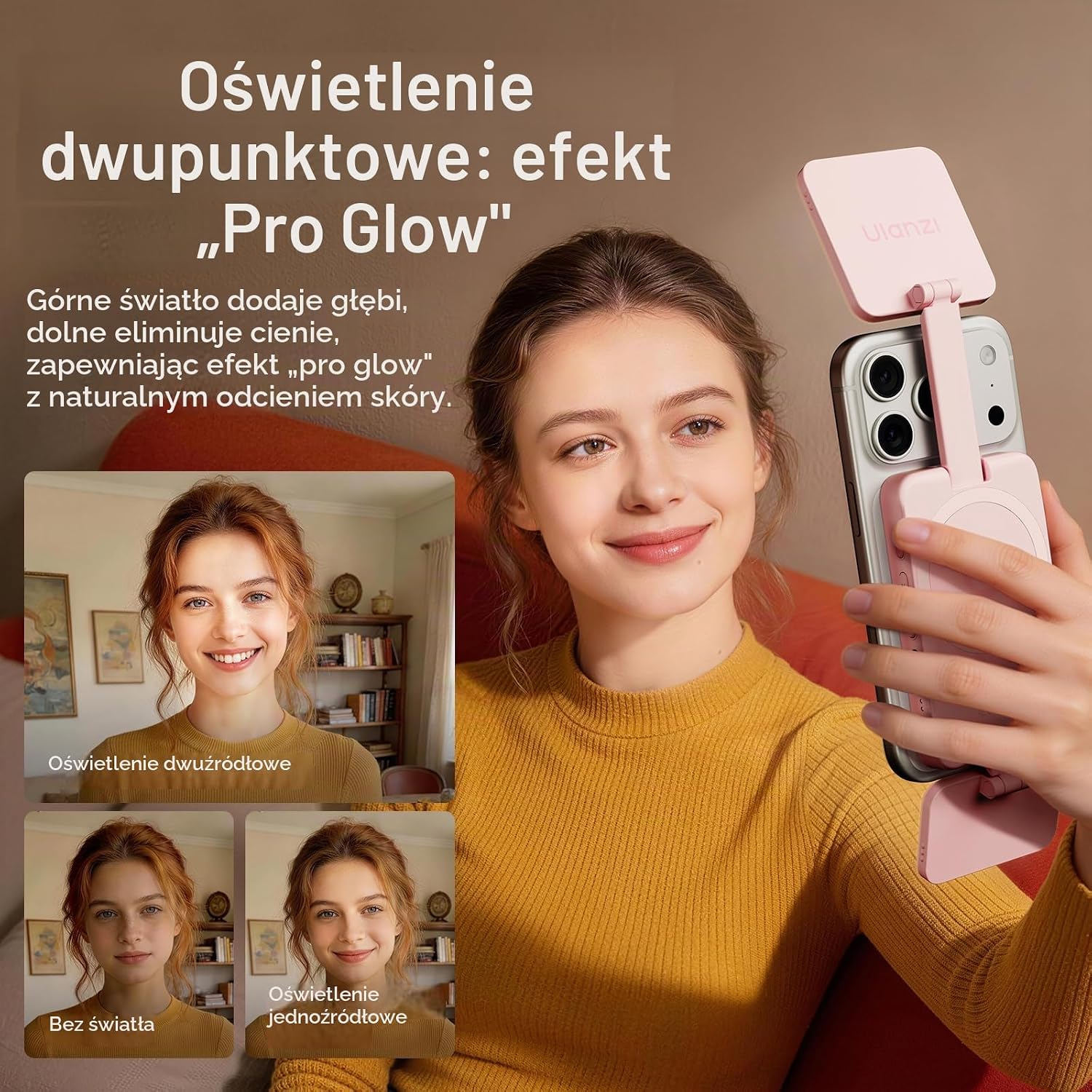 Detalle de ULANZI GL01 – magnetyczna lampka do selfie, dwa panele LED, 2500–6500 K, różowa