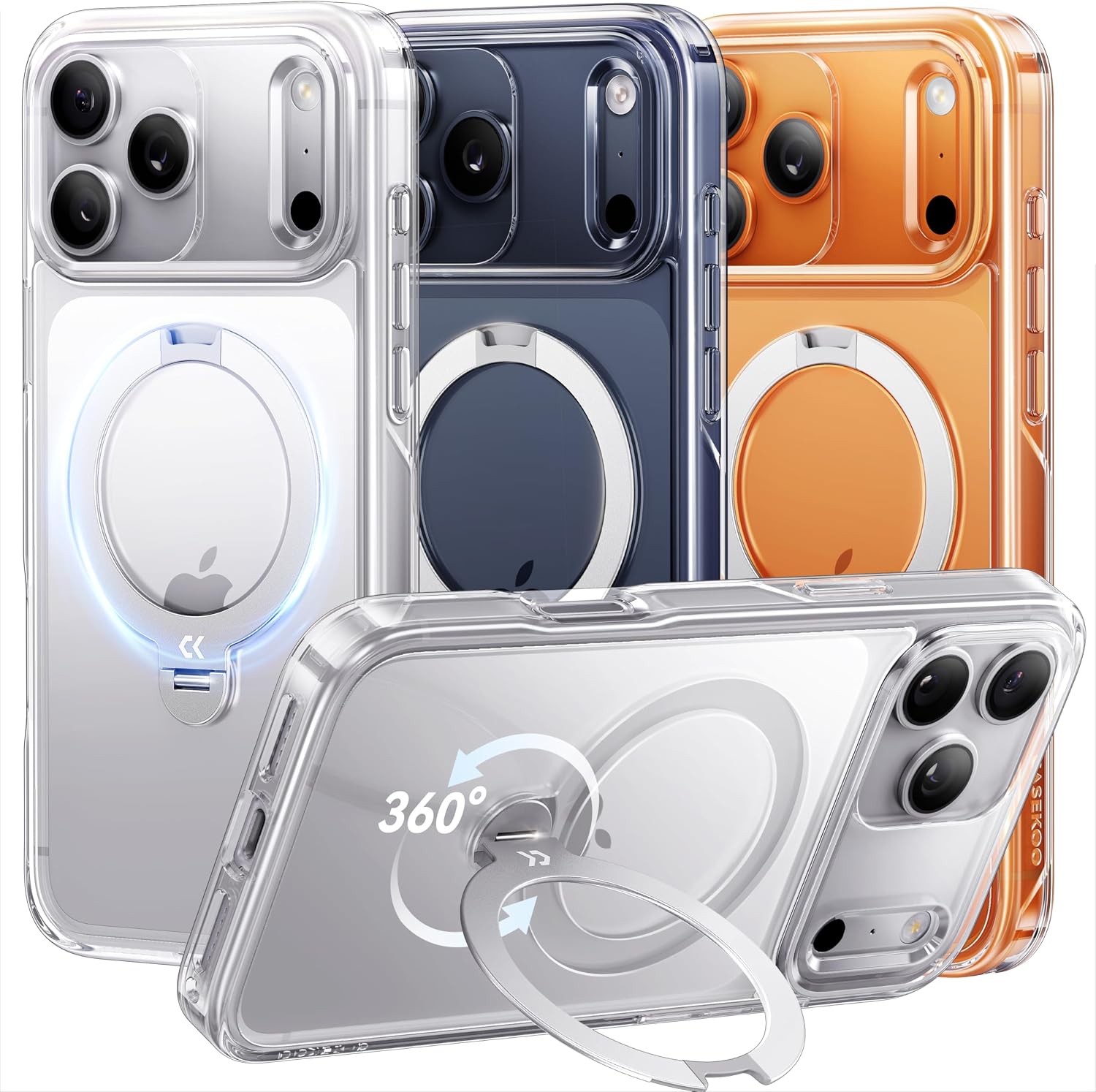 Detalle de CASEKOO Clear for iPhone 17 Pro Case with 360 Spin Magnetic Stand — Clear, Military-Grade Protection