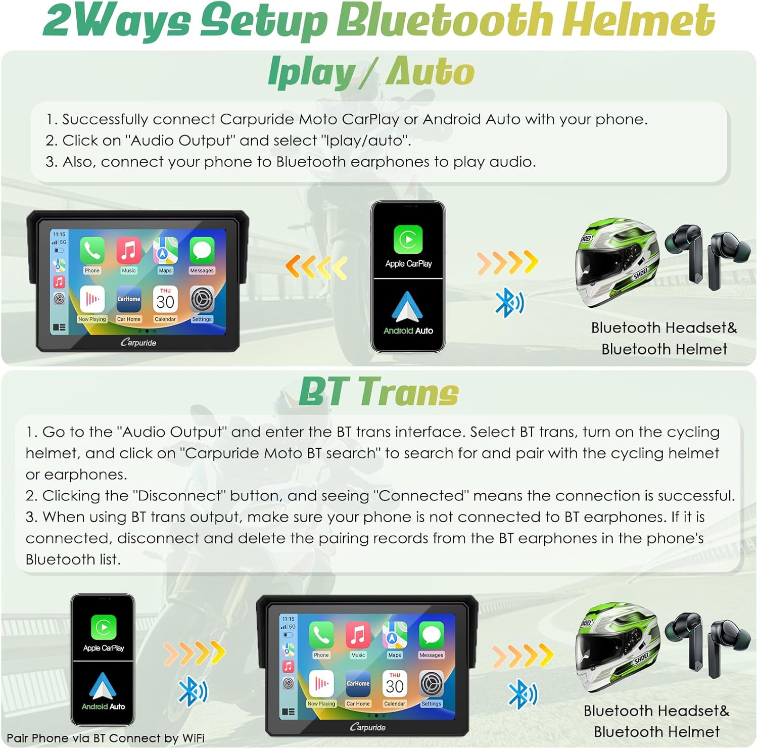 Detalle de Carpuride W502: 5" IP67 Waterproof CarPlay & Android Auto Portable Motorcycle Stereo