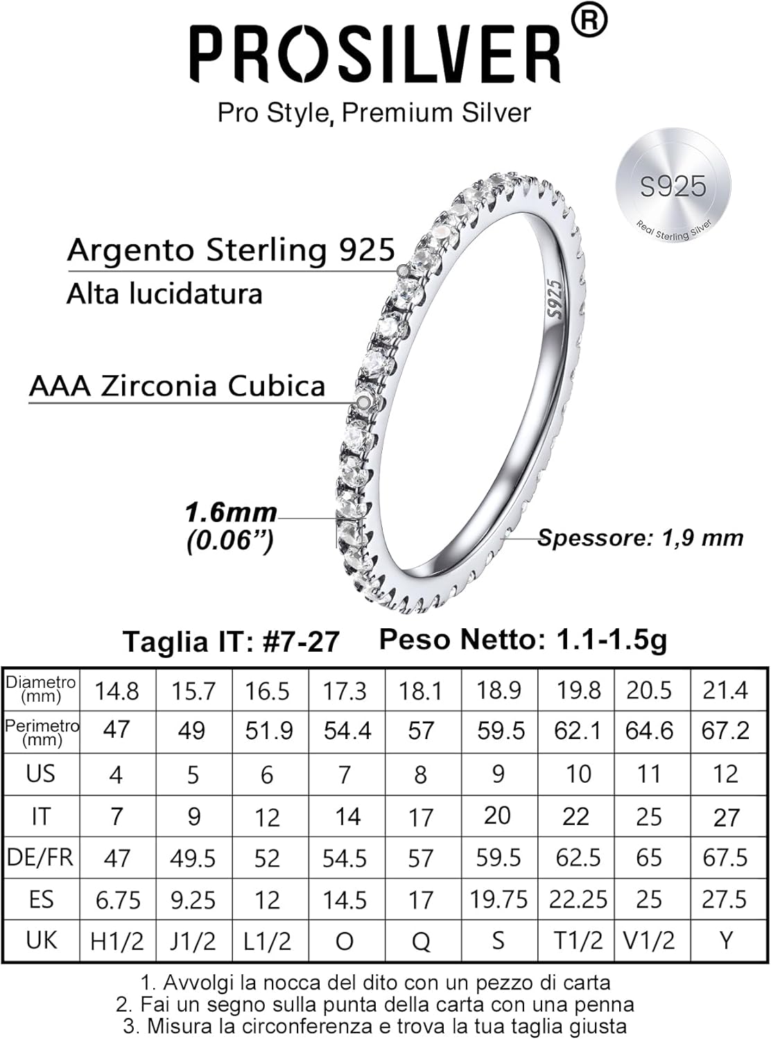 Thumbnail 3 de PROSILVER anello veretta eternity infinito in argento 925 con zirconi, stile impilabile