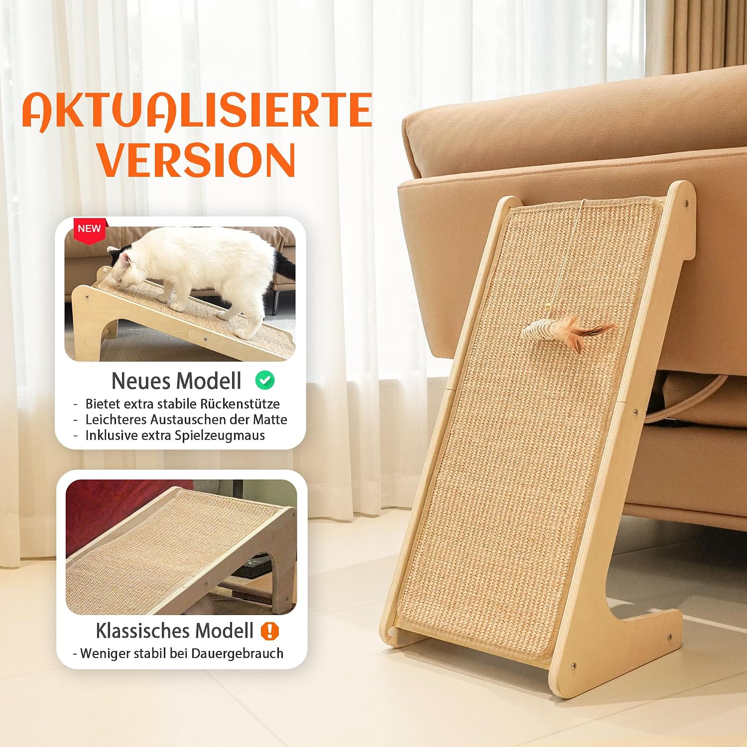 Detalle de PETKARAY Kratzbrett Katze (L-förmig) 68 cm – Sisal-Kratzpad für Wand & Ecke, mit Katzenminze und Mausspielzeug