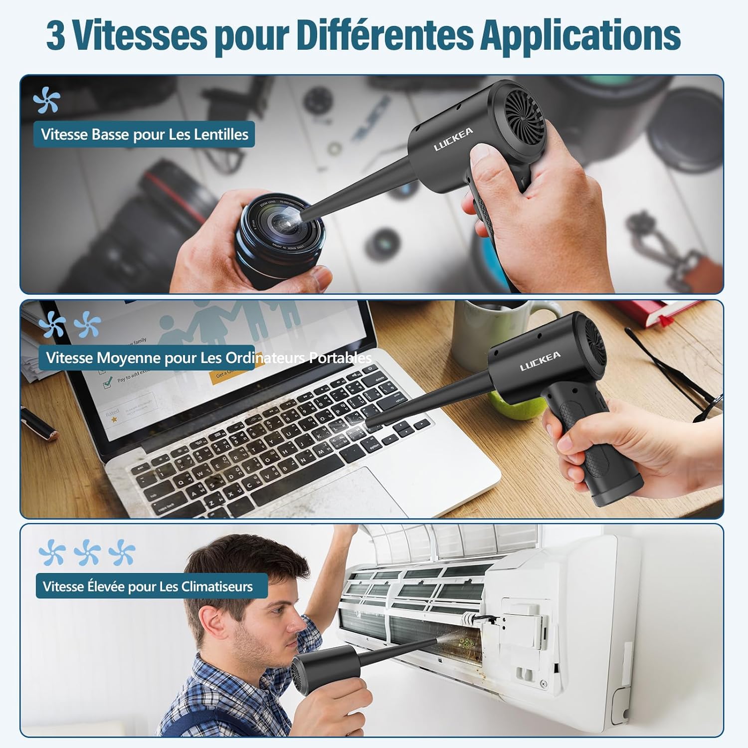 Thumbnail 2 de Souffleur à air comprimé rechargeable 3 vitesses 6000 mAh avec LED – Souffleur PC (brosses antistatiques incluses)