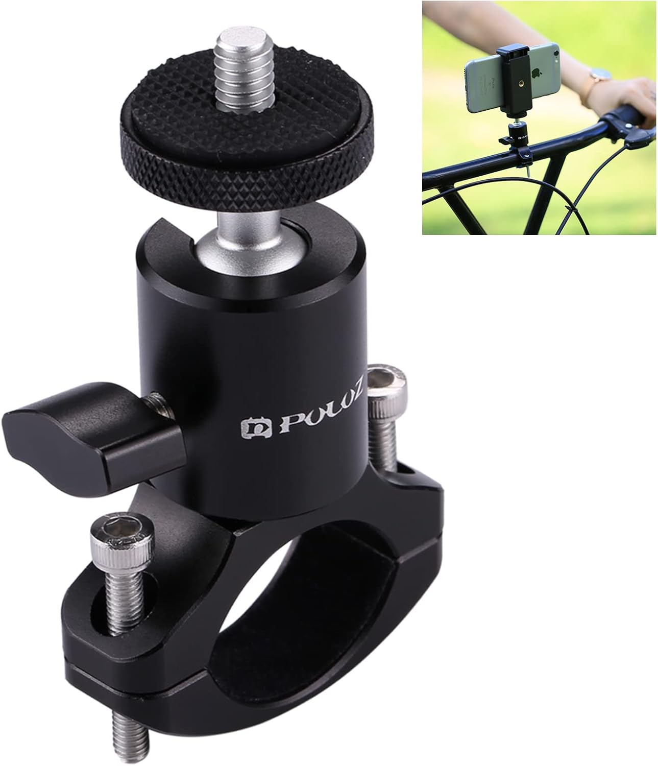 Detalle de PULUZ Fahrrad-Lenkerhalterung für GoPro Hero 12/11/10/9/8/7/6 – Aluminium, 20–35 mm Durchmesser, 1/4-Zoll Gewinde