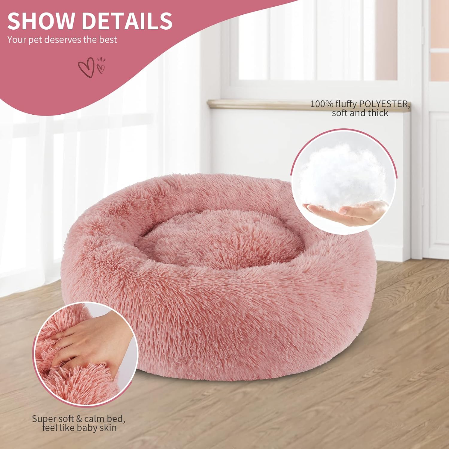 Detalle 2 de BVAGSS Rundes Hundebett Donut – Flauschiges, waschbares Kuschelbett, Ø 40 cm, Pink