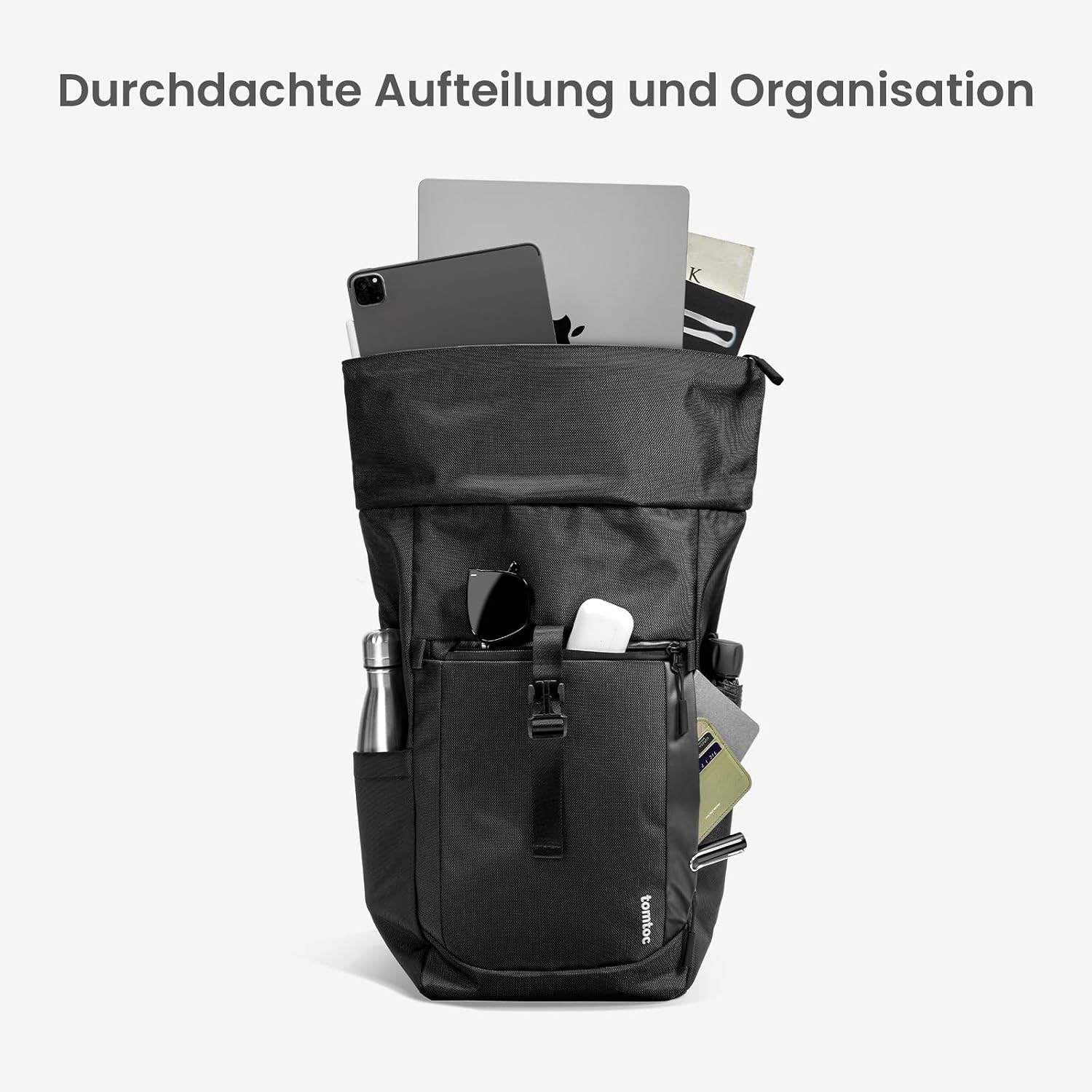 Detalle de tomtoc Rolltop Rucksack für Herren & Damen (25–30 L) mit 17,3-Zoll-Laptopfach – wasserdicht, Schwarz