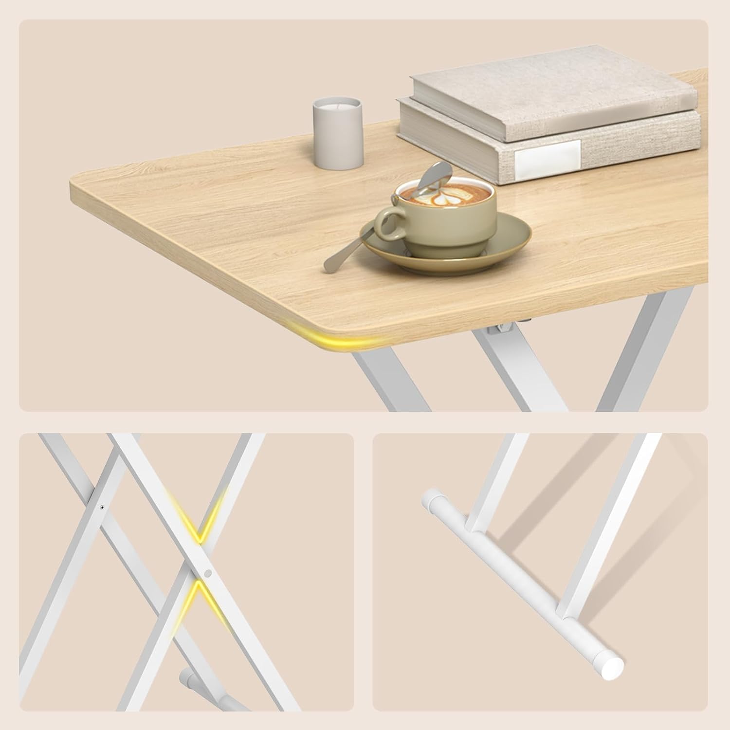 Thumbnail 5 de HOOBRO Tavolino con Altezza Regolabile EWN16BZ01: Pieghevole, 60 × 40 × 60 cm, Bianco/Naturale