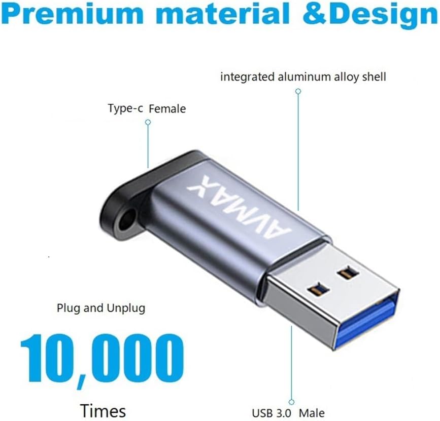 Detalle de AVMAX USB to USB-C Adapter 4-Pack, USB-A Male to USB-C Female, Gray