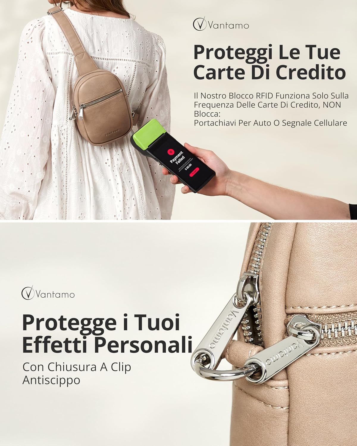 Thumbnail 2 de Vantamo Tracolla crossbody da donna in pelle vegana con blocco RFID e clip antifurto