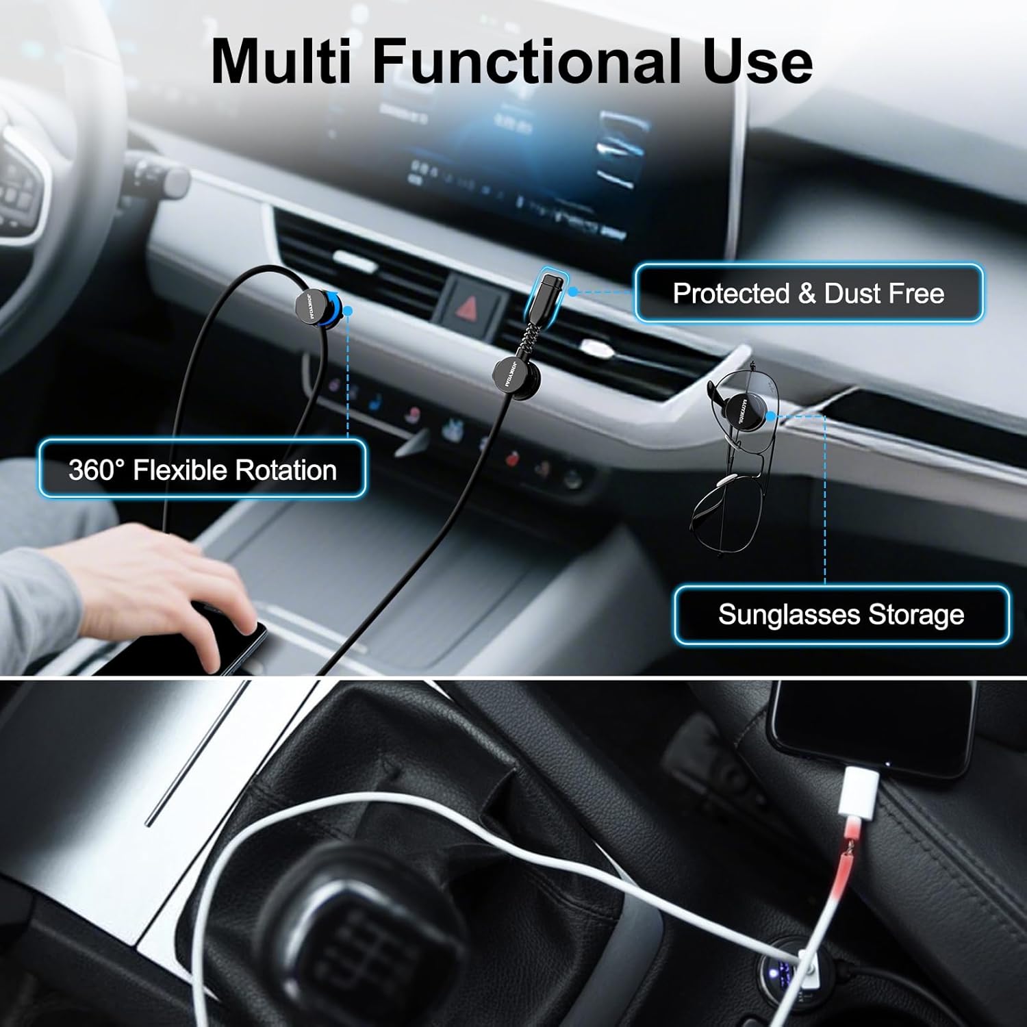 Thumbnail 4 de Cable Clips, Cord Organizer with 360° Swivel and Cable Protector – Self-Return Desk Clip for Type-C & Lightning Cables, Black