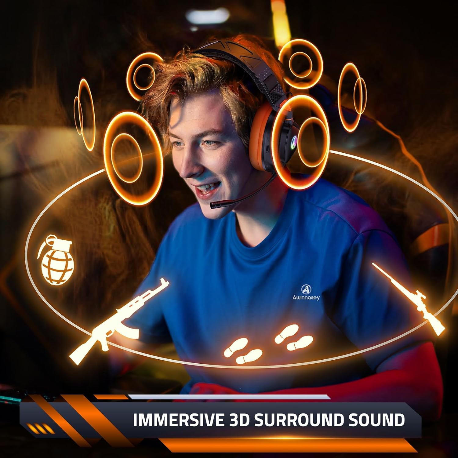 Detalle de Awinnasey PH3 Wireless Gaming Headset – 50 Hours Battery, 2.4GHz & Bluetooth, RGB (Light Orange)