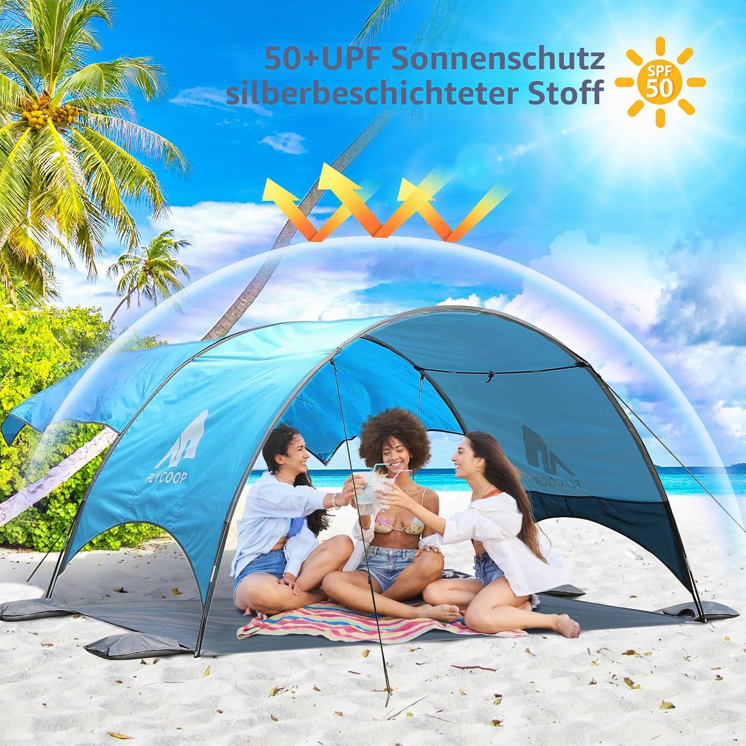 Detalle 2 de Strandmuschel mit UV-Schutz UPF 50+ – Tragbares Beach Canopy (270×165×158 cm) für 3–4 Personen