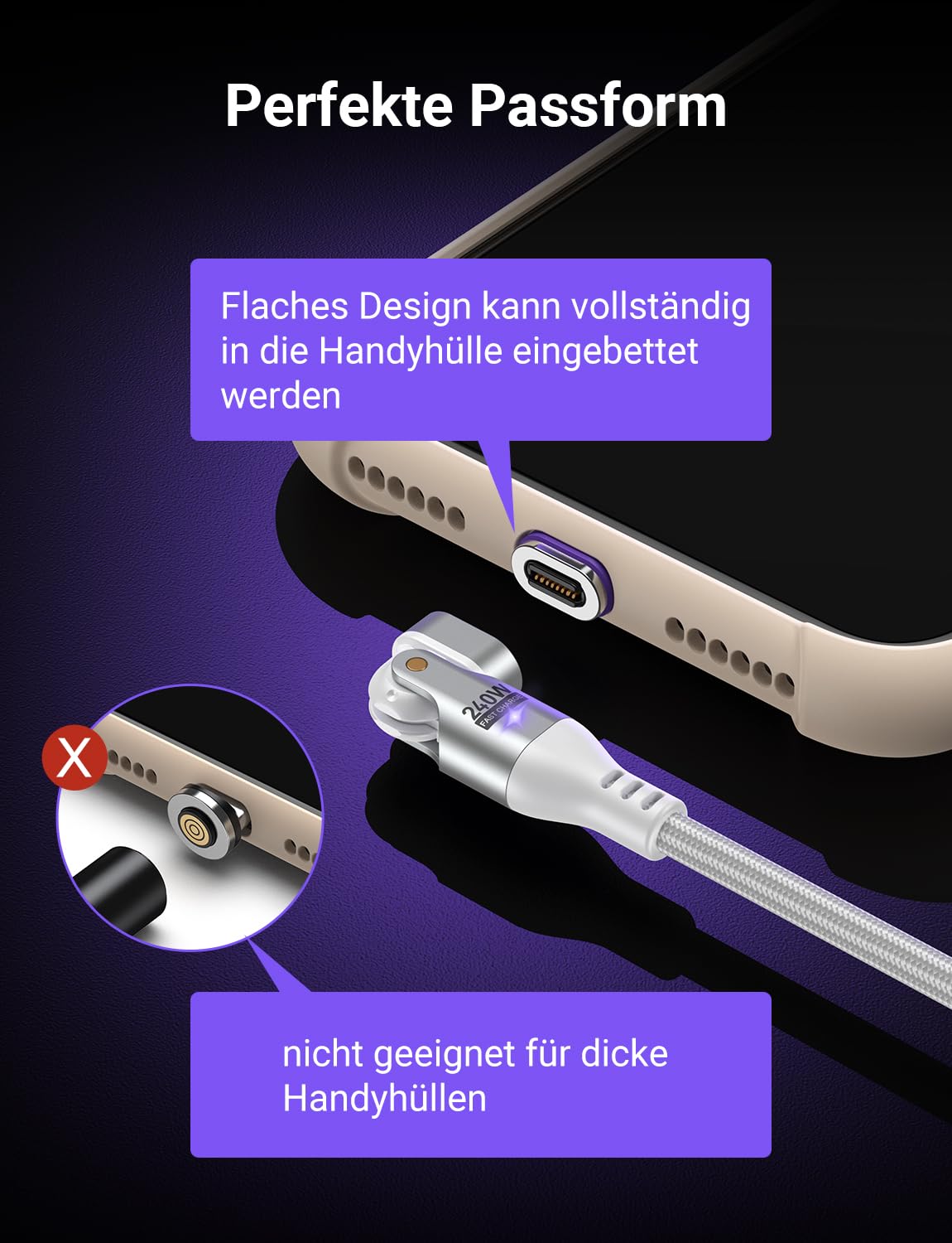 Thumbnail 3 de AUFU 240W Magnet USB‑C Ladekabel – 2er Set (1 m + 1,8 m) mit magnetischer Schnellladung und 480 Mbps Datentransfer