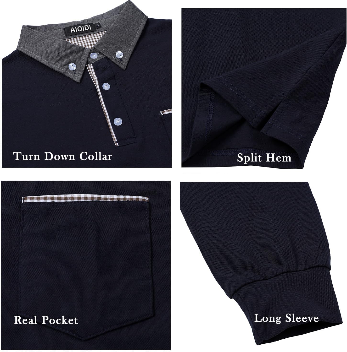 Detalle de AIOIDI Herren Baumwolle Hemdkragen Plaid Poloshirt Langarm – Basic Tennis Polohemd