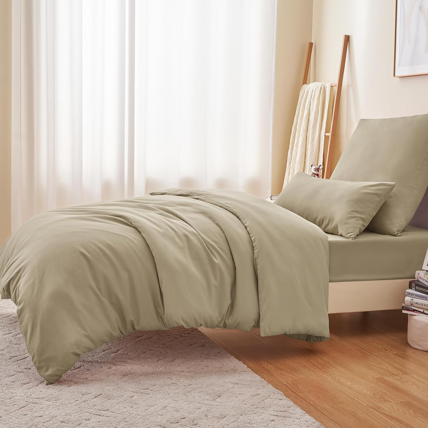 Thumbnail 3 de RUIKASI Housse de couette 140x200 cm kaki en microfibre avec fermeture éclair (parure 1 personne + taie 65x65 cm)