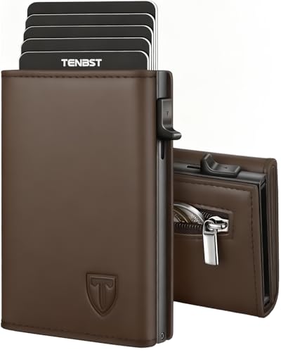 Detalle de TENBST Carteras para Hombre Ultrafina con RFID – Cuero Genuino Marrón