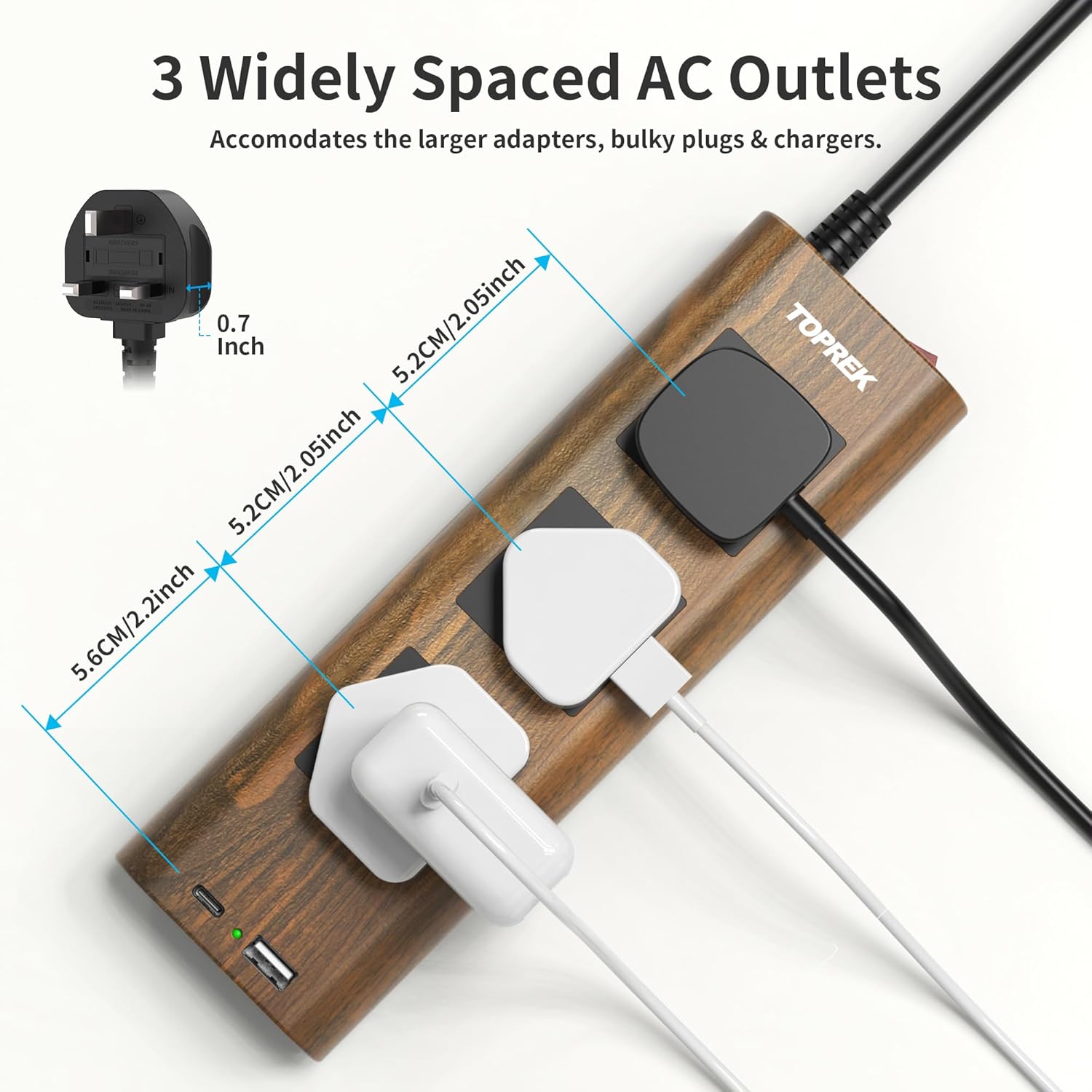 Thumbnail 4 de TOPREK Wood Grain 3-Way Extension Lead 2m