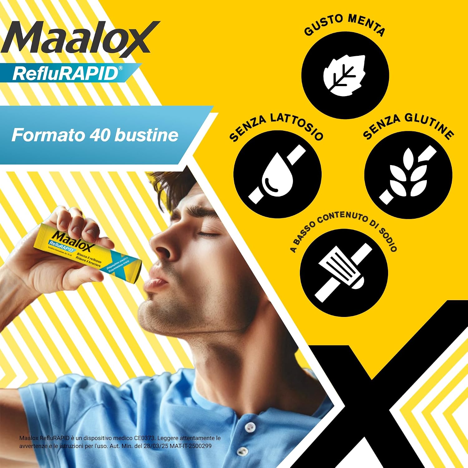Detalle de Maalox Reflurapid Blocca il Reflusso Gastroesofageo – 40 Bustine Menta, senza glutine e lattosio