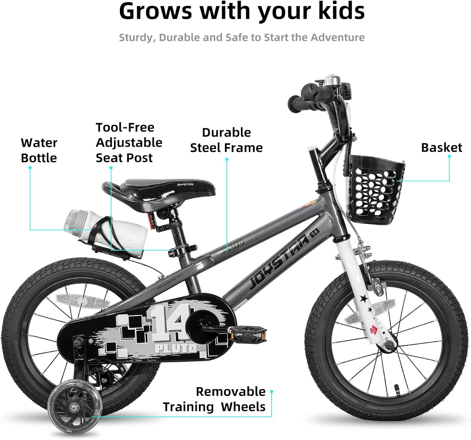 Detalle 2 de JOYSTAR Pluto 12-20 Inch Kids Bike: Train Wheels, DIY Decals, and Safe Steel Build