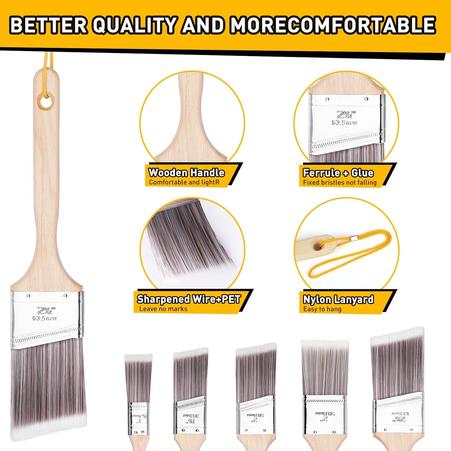 Thumbnail 2 de Emitever 5-Piece Paint Brush Set with Wood Handles for Wall Cutting In, Trim & Sash