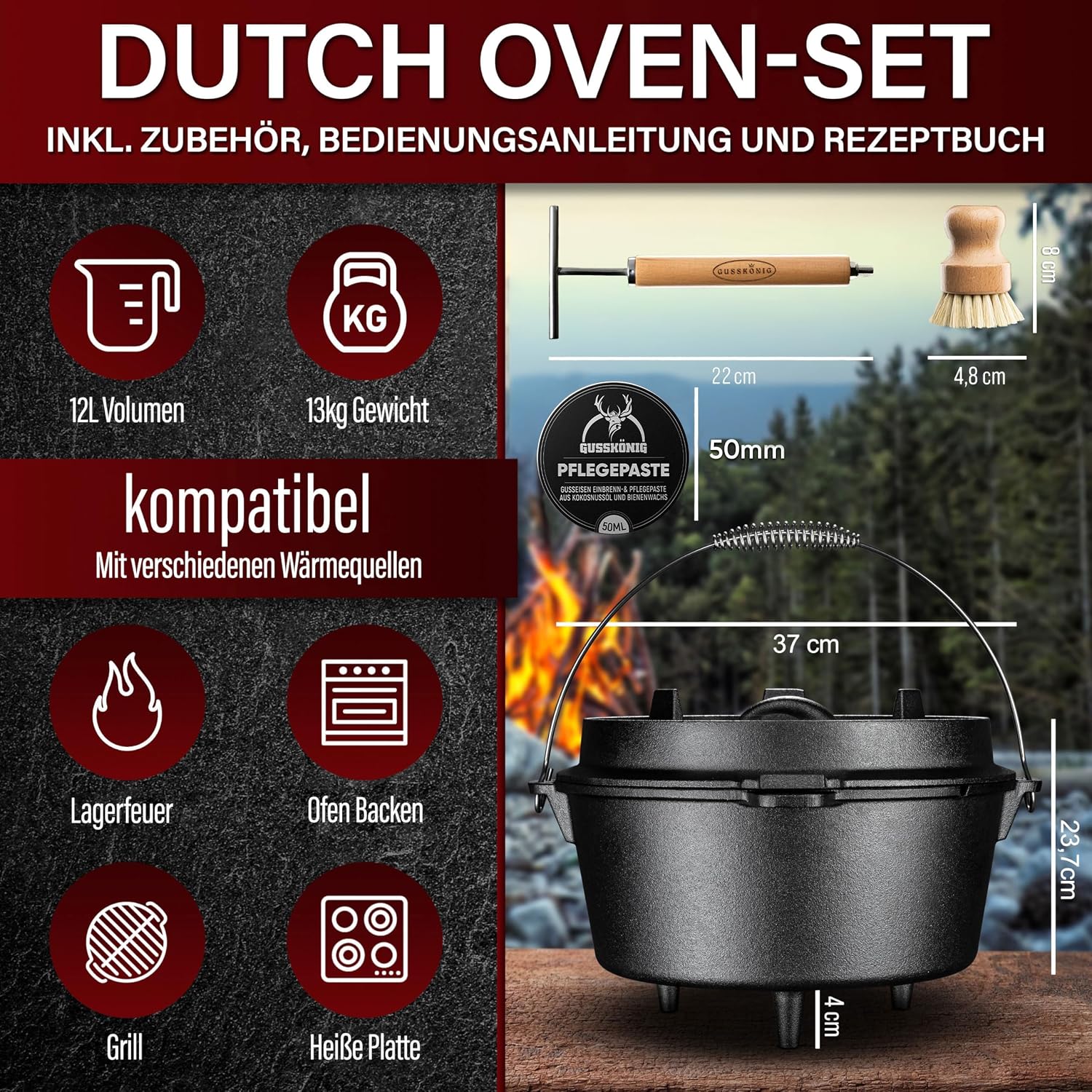 Detalle de GUSSKÖNIG Dutch Oven Set 12 L – sofort einsatzbereit, 2in1 Deckelheber & Zubehör